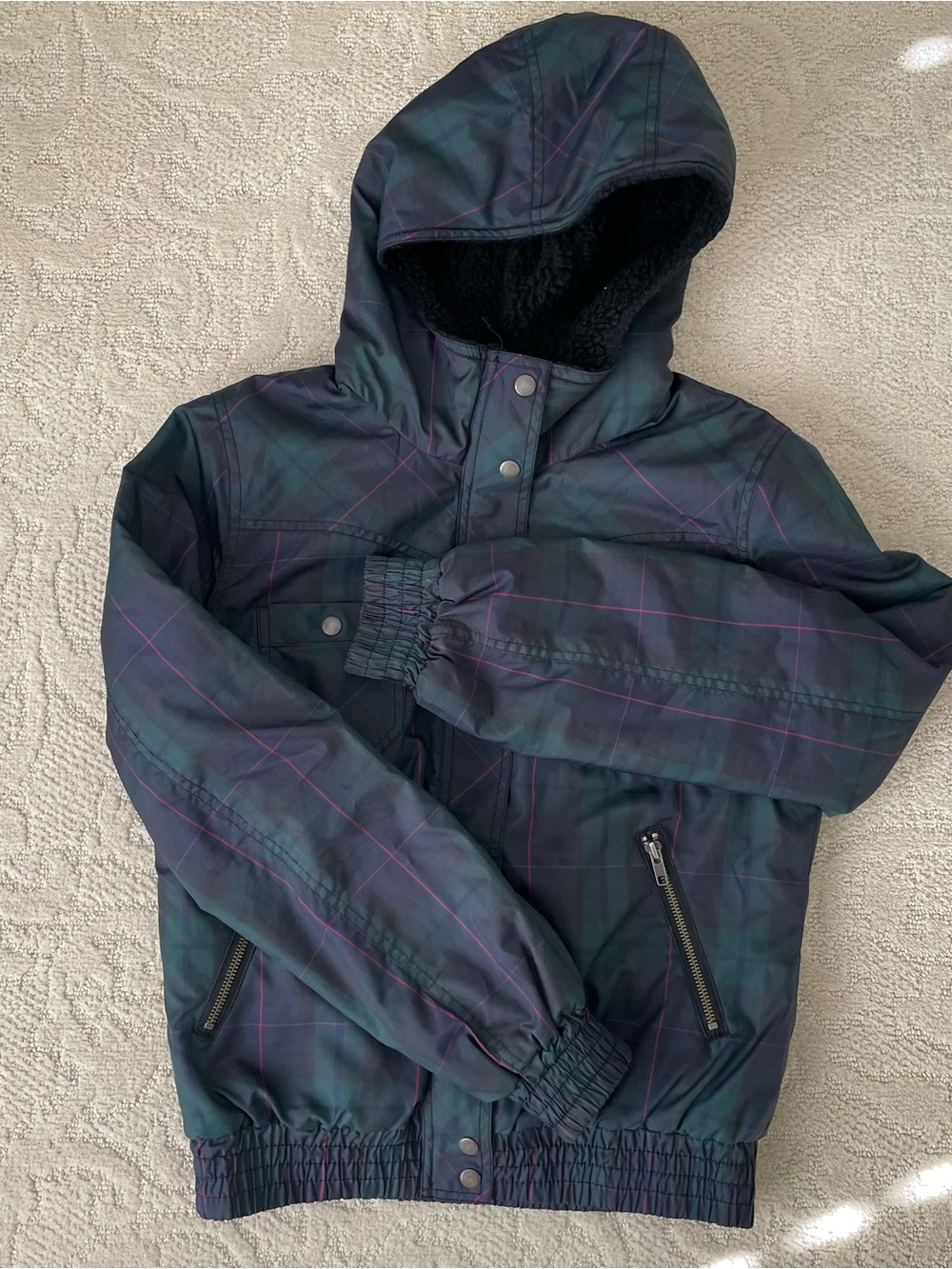 H&M Dark Green and Navy Plaid Hooded Bomber Jacket with Red Lines
